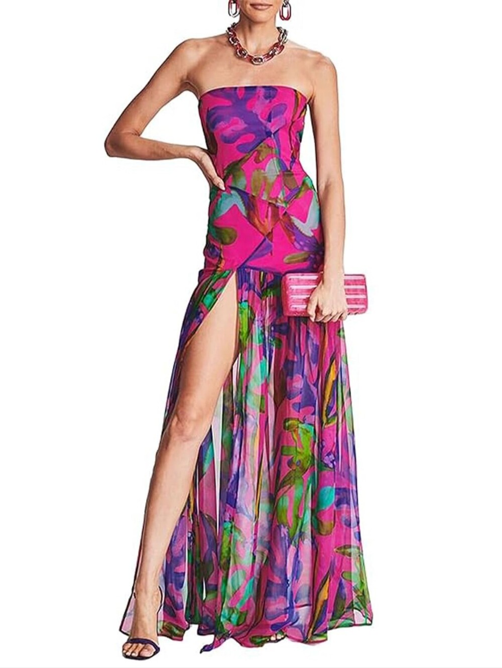 Strapless Pink Floral Maxi Dress with High Slit
